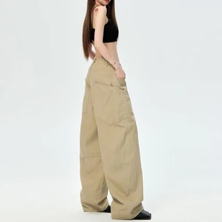 Hermarou S-4XL กางเกงยีนส์ผู้หญิง ทรงหลวม เอวสูง สีกากี กางเกงขายาว