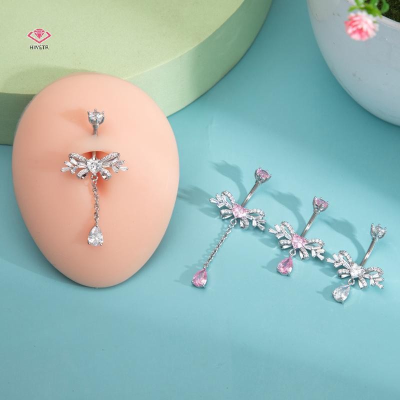 HWETR หวานแฟชั่น Bowknot Heart Navel แหวนผู้หญิงประณีต Shining Zircon Belly ปุ่มแหวนเซ็กซี่เจาะเครื่องประดับของขวัญใหม่