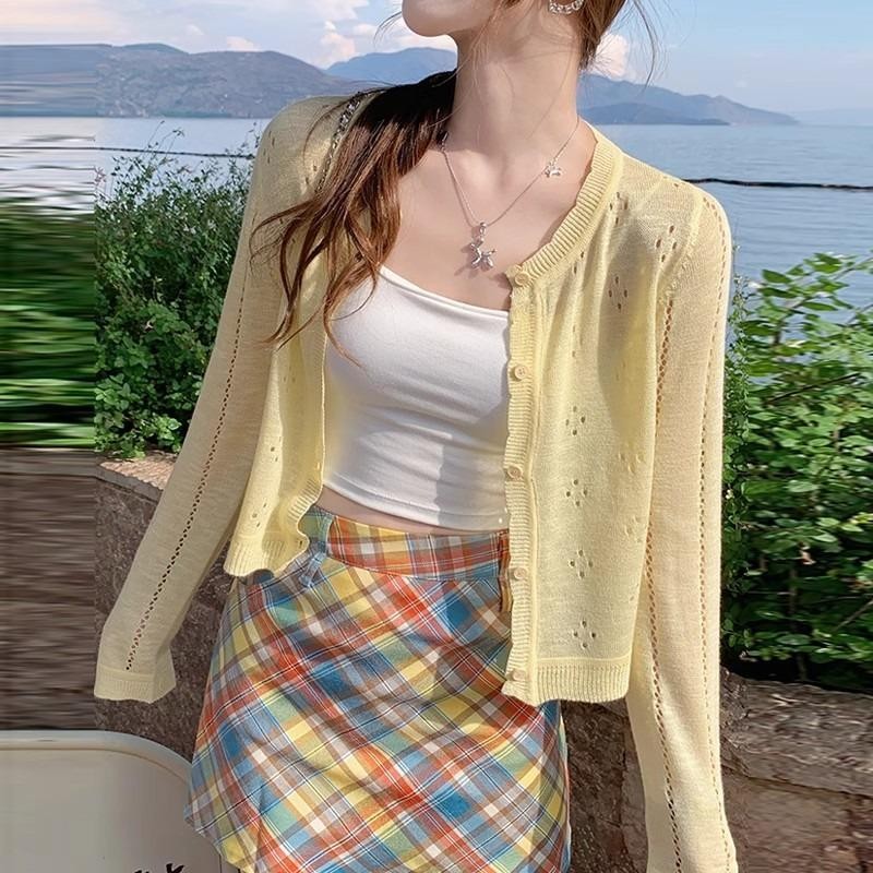 เสื้อคาร์ดิแกนไหมน้ำแข็งถักบางสำหรับผู้หญิง ทรงสลิมฟิตสไตล์เกาหลี เสื้อคาร์ดิแกนหลวมน่ารัก 6 สี #HM5