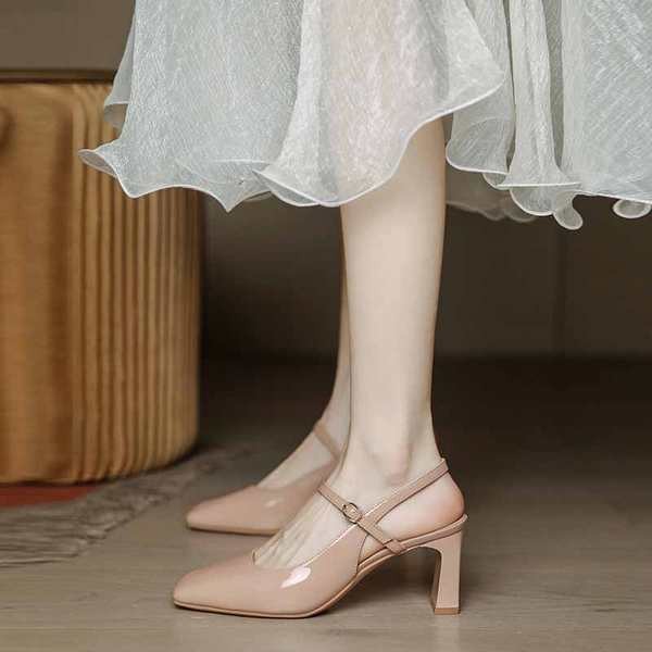 minxshoes Marijane Stella รองเท้าแตะ Mary Jane ผู้หญิงส้นหนา2024ใหม่เรียบง่ายระดับไฮเอนด์สีชมพูเปลือ