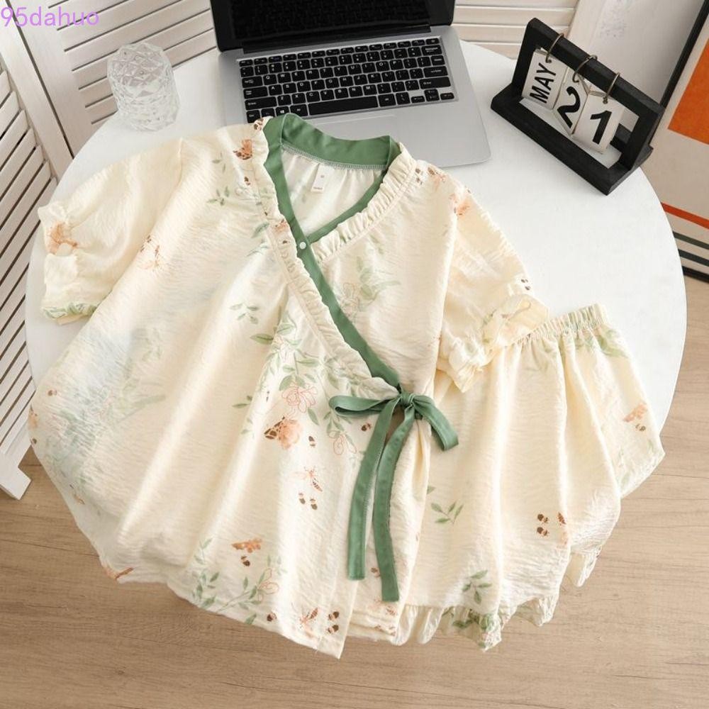 DAHUO ชุดนอนเชือกรองเท้า ใหม่สไตล์จีนดอกไม้ กางเกงขาสั้น แฟชั่นHomewear สำหรับผู้หญิง แบบหลวมสองชิ้น