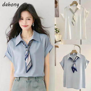 Dahong🧡 99159 เสื้อเชิ้ตผู้หญิงแขนสั้นไซส์ใหญ่ ผ้าซาตินเนียนนุ่ม แฟชั่น อินเทรนด์ เสื้อสตรีระดับไฮเอนด์ อเนกประสงค์