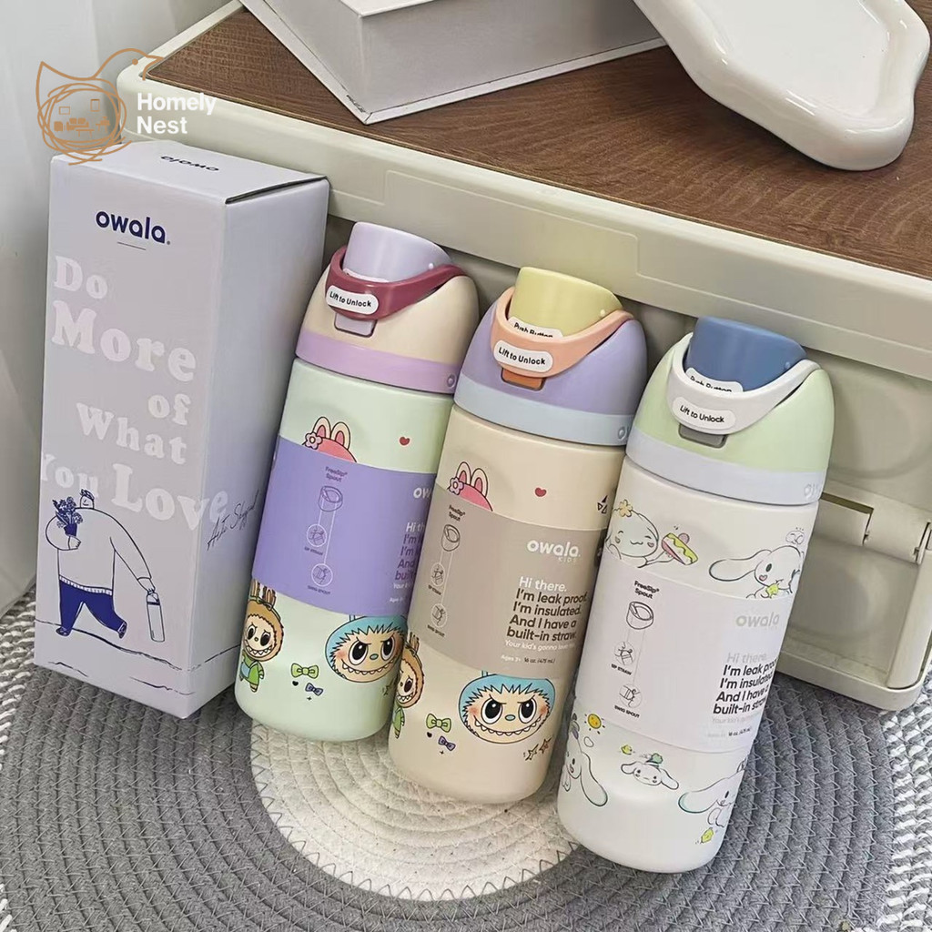 Owala Kids FreeSip X Sanrio Cinnamoroll Labubu 16oz 473ml Tumbler ขวดน้ําสแตนเลสพร้อมฟางน่ารัก Rabu ออกแบบ BPA-Free, ป้องกันการรั่วซึมสําหรับการเดินทางในโรงเรียน