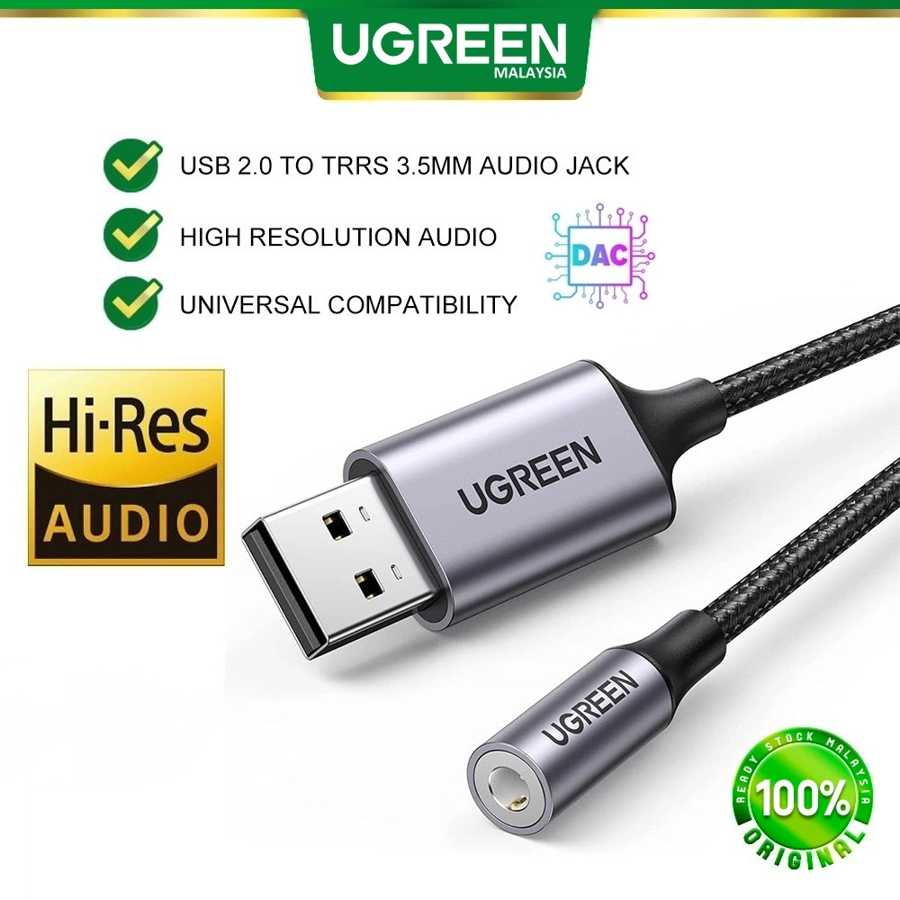 UGREEN USB ถึง 3.5 มม.แจ็คเสียง USB A 2.0 การ์ดเสียงอะแดปเตอร์ไมโครโฟนเสียง TRRS หูฟังชิป DAC USB Windows Linux