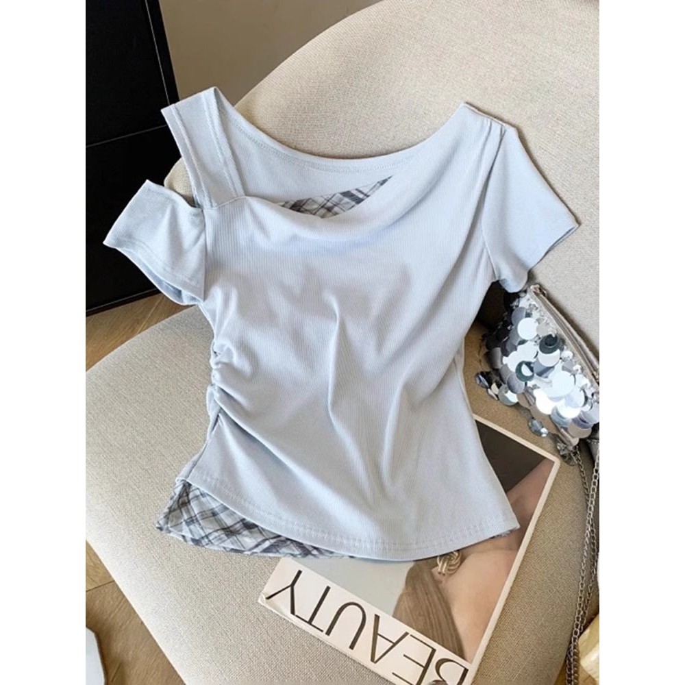ความรู้สึกการออกแบบลายสก๊อตเย็บแขนสั้นเสื้อยืดไหล่ข้ามผู้หญิงฤดูร้อนสั้นจีบบาง @-แขนเสื้อ