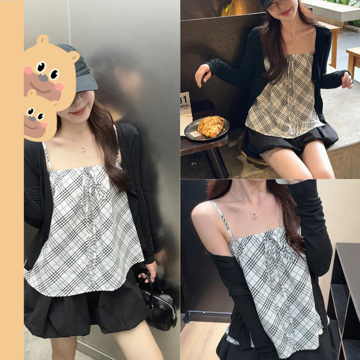 🎀bearbra🎀พร้อมส่ง เสื้อกล้าม เสื้อแขนกุด น่ารัก แขนกุด สายเดี่ยว เซ็กซี่ แฟชั่นผู้หญิง สีพื้น สไตล์เกาหลี สเวตเตอร์ถักและกั๊ก ชุดสองชิ้นลายสก๊อตสำหรับผู้หญิง