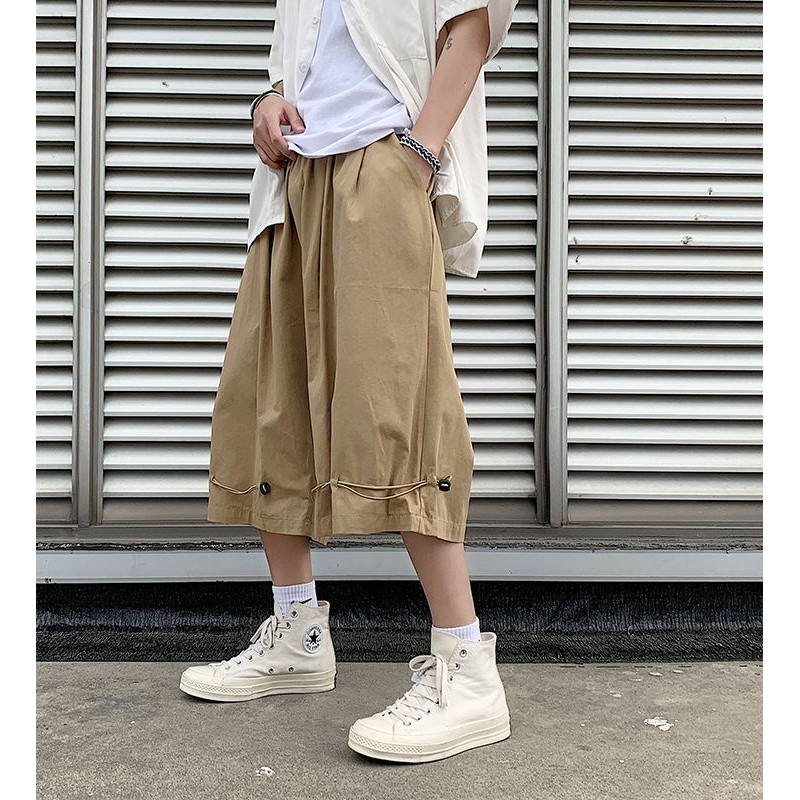 Summer Thin Style Japanese oversize Overalls Men Khaki Cropped Pants