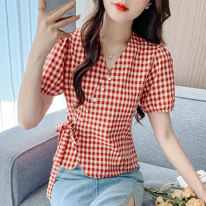 เสื้อเชิ้ตแขนพองลายสก็อตหวานๆ สดใหม่ สำหรับผู้หญิง 2025 เสื้อเชิ้ตรัดรูปเข้ารูปฤดูร้อนใหม่99162 ราคา ถูกที่สุด ดีลบีเคเค แกลเลอรีภาพที่ 8