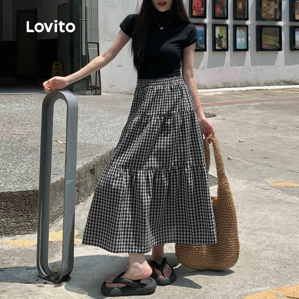 (New) Lovito กระโปรงแคชชวล ชั้น ๆ สำหรับฤดูใบไม้ผลิ/ฤดูร้อน สีดำและขาว สำหรับผู้หญิง L149LD012 - รูปที่ 2