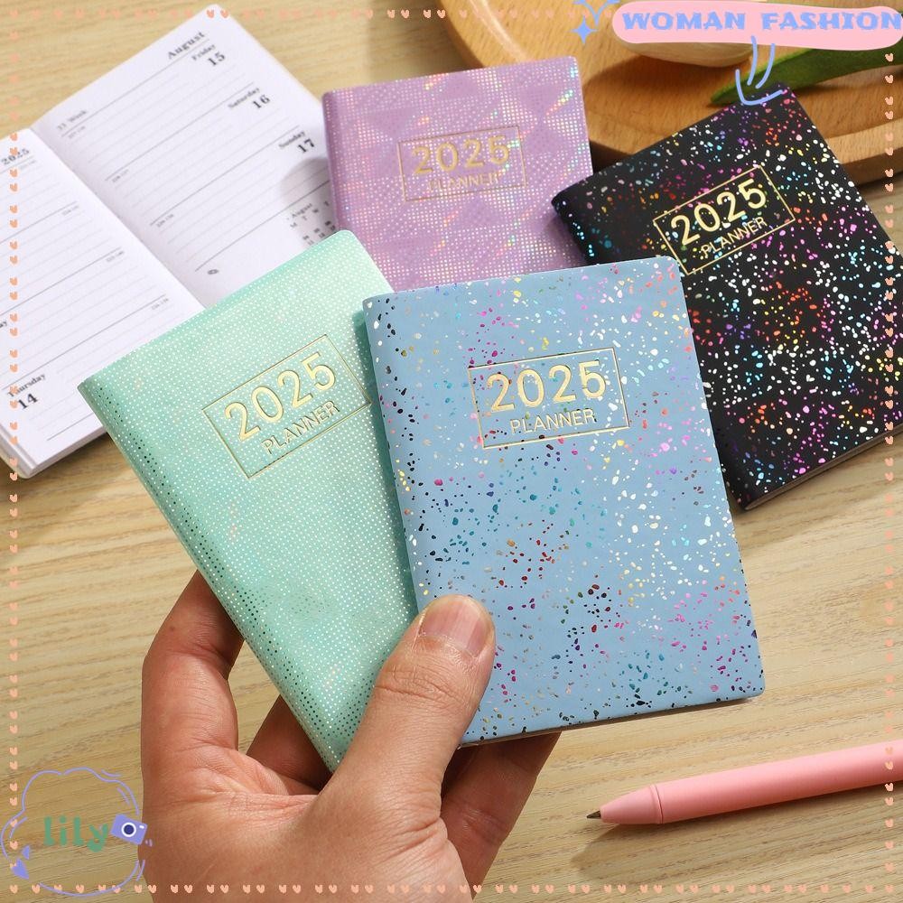 LILY 2025 Agenda Book, A7 Mini 2025 Planner Notebook, Portable with Calendar English Laser Pocket No