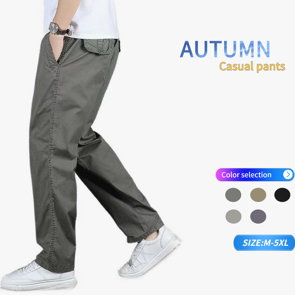 M-5XL Plus ขนาดผ้าฝ้ายหลวมตรงตัด Baggy สีกากี Kargo Cargo Kerja Casual Slack กางเกงผู้ชาย Seluar Pan