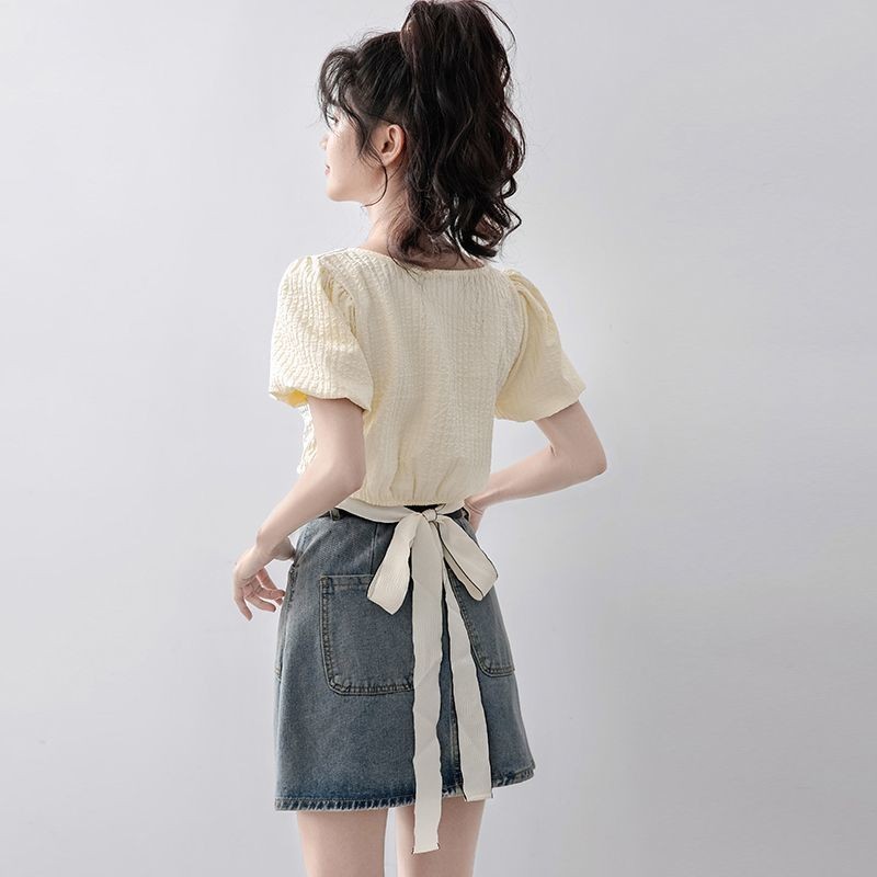 Bee ฤดูร้อนใหม่สไตล์เกาหลีแอปริคอทสแควร์คอเสื้อชีฟองผู้หญิงเสื้อแขนสั้นเปิดสะดือสั้นด้านบน(จัดส่ง 24 ชั่วโมง)