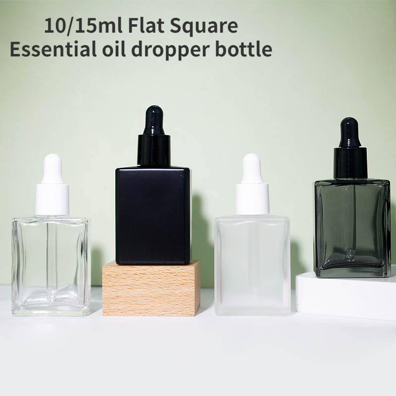 10ml15ml ขวดเปล่าแบนสแควร์ขวดหยดแก้วน้ํามันหอมระเหยเซรั่มน้ําหอม Vials สําหรับการเดินทาง