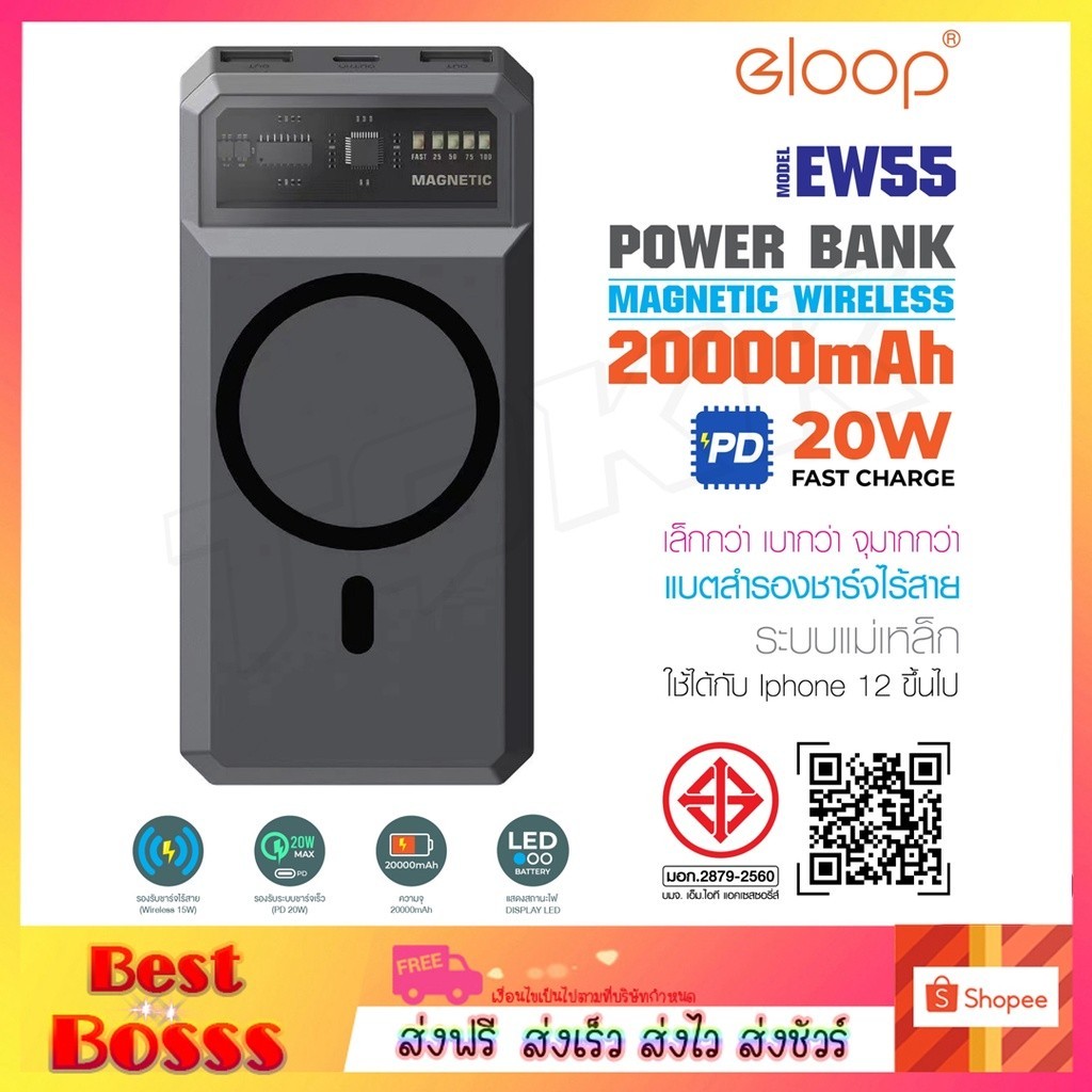 ชาร์จไว Eloop EW54 EW55 MagCharge Magnetic 10000mAh | 20000mAh แบตสำรอง ไร้สาย PowerBank พาวเวอร์แบง