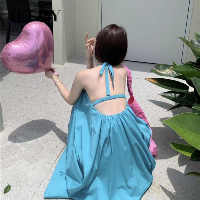 อิลกี้ ชุดเดรสคล้องคอเปลือยหลังสําหรับผู้หญิงชุดเดรสยาวสไตล์วันหยุดริมทะเล