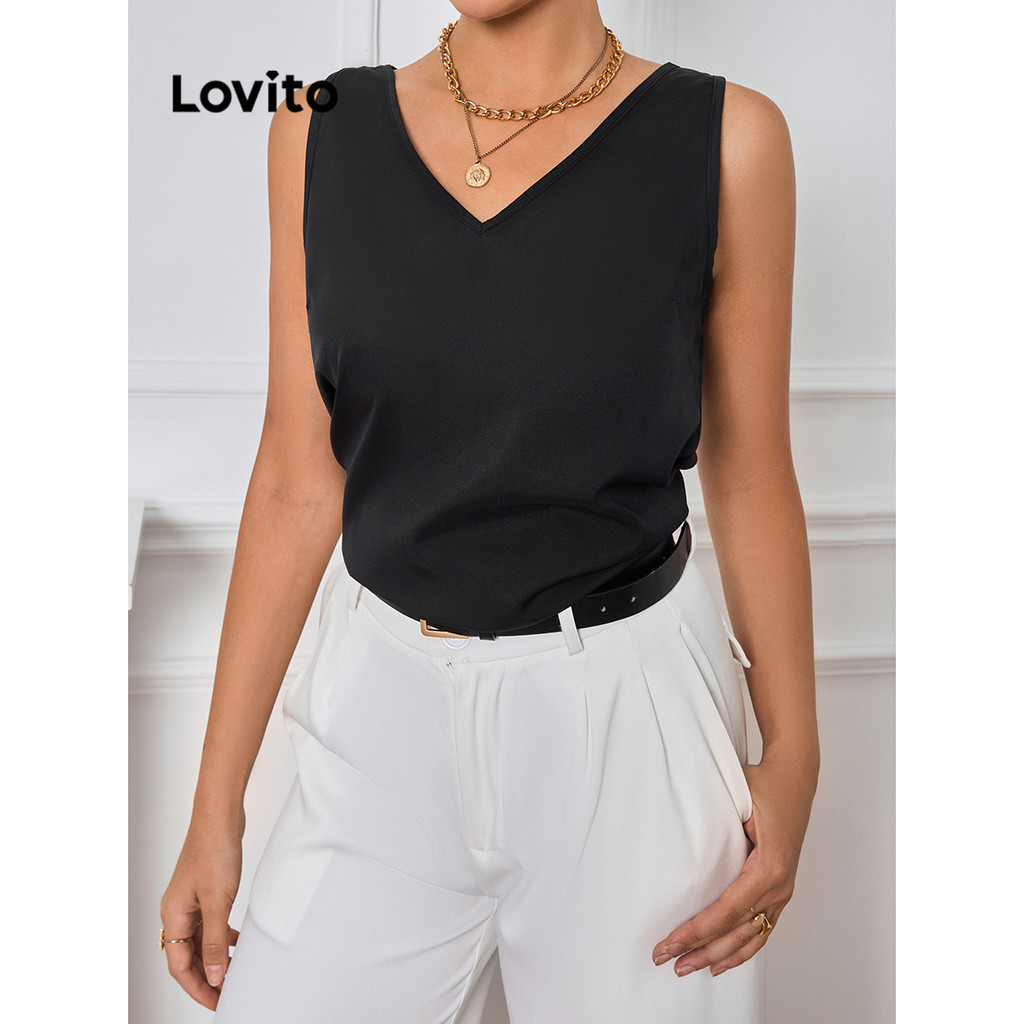 Lovito เสื้อแขนกุดผู้หญิง เบสิก สีพื้น สไตล์ลำลอง LBL14019
