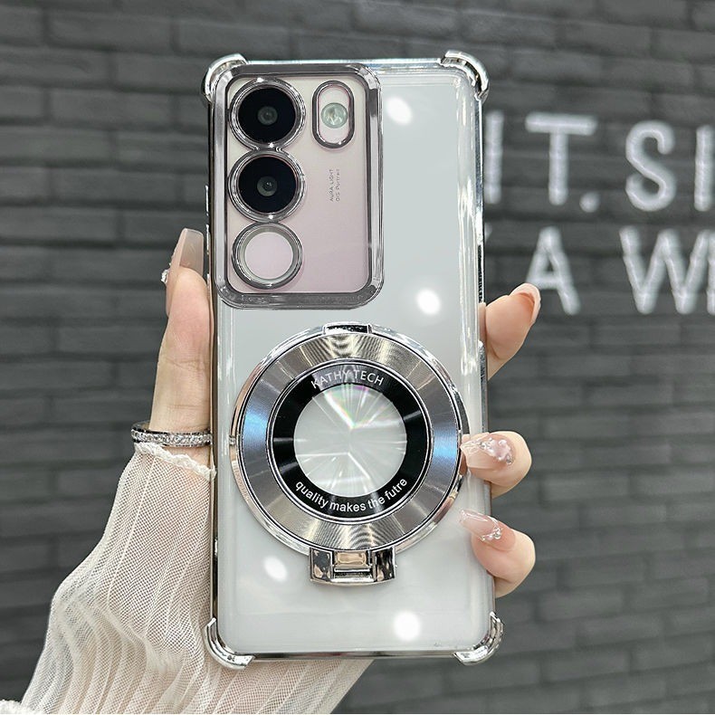 เคส Vivo V40 Lite Y200 5G Y19s เคส Vivo V29 V29e V40 V30 V27 Pro V27e Y35 Y28 Y27s V40Pro 5G เคสโทรศัพท์พร้อมที่วางแม่เหล็กตัวป้องกันกล้อง Clear Luxury Aesthetic กันกระแทกหนา Air Cushion Anti-Fall