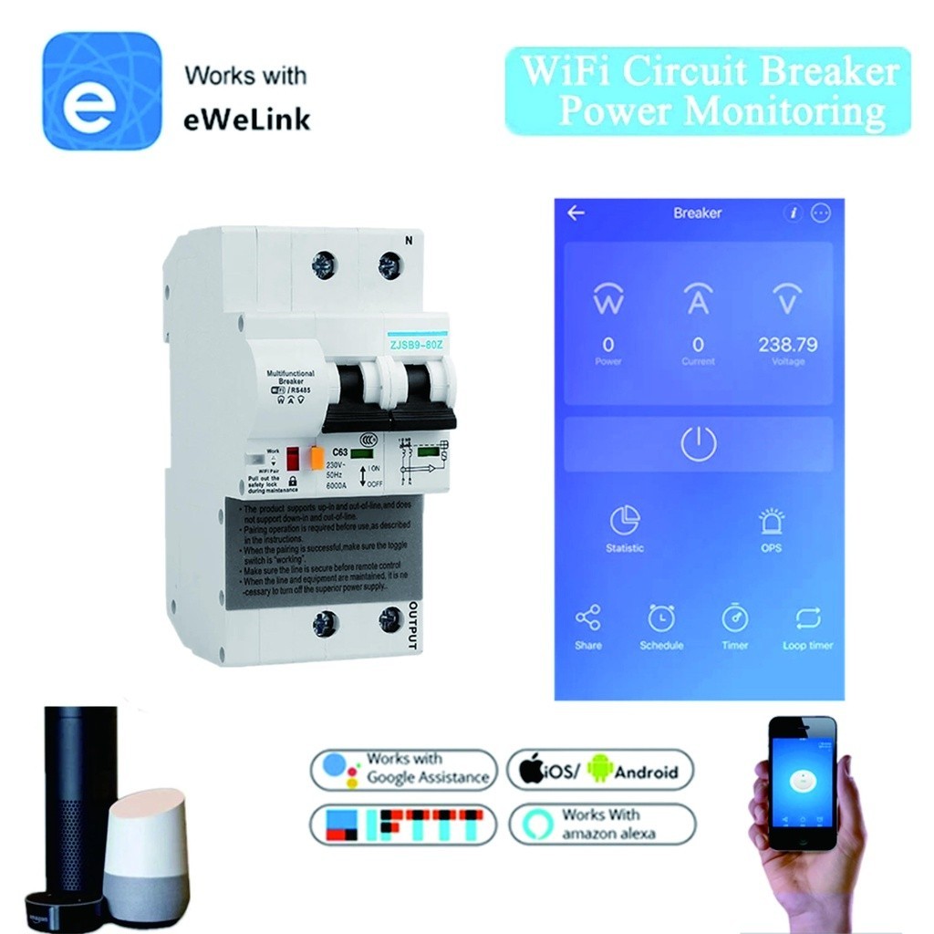 ✷EWelink 2P WiFi Circuit Breaker Power Monitoring Meter Function Smart MCB Alexa Google Home Compati