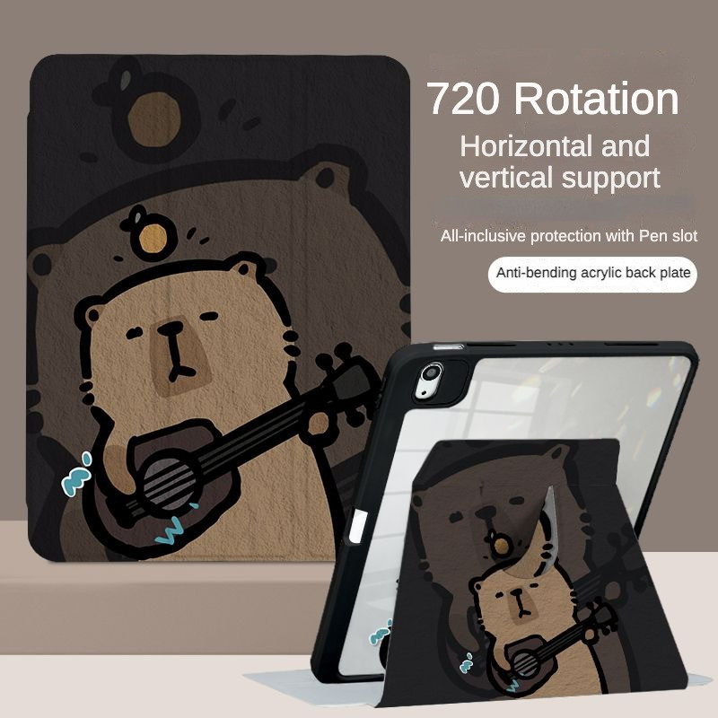 เคส Ipad 360 ° Rotationplaying เปียโนสีส้ม Capybara พร้อมที่วางปากกาเหมาะสําหรับอะคริลิค iPad Air6 Gen7/8/9 10.2 Gen5/6 9.7 Air4 Air5 10.9 Pro11 Gen10