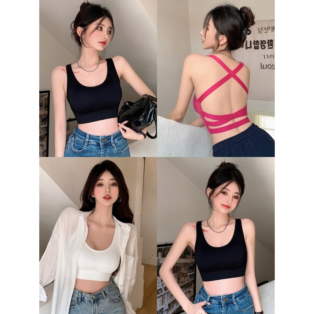 💙Bonnie💙ครอปเสื้อกล้าม มีฟองน้ำ รัดรูป เซ็กซี่ สีพื้น เว้าหลัง เสื้อคล้องคอ ซับใน ผ้ายืด โชว์หลัง สไตล์ลำลอง