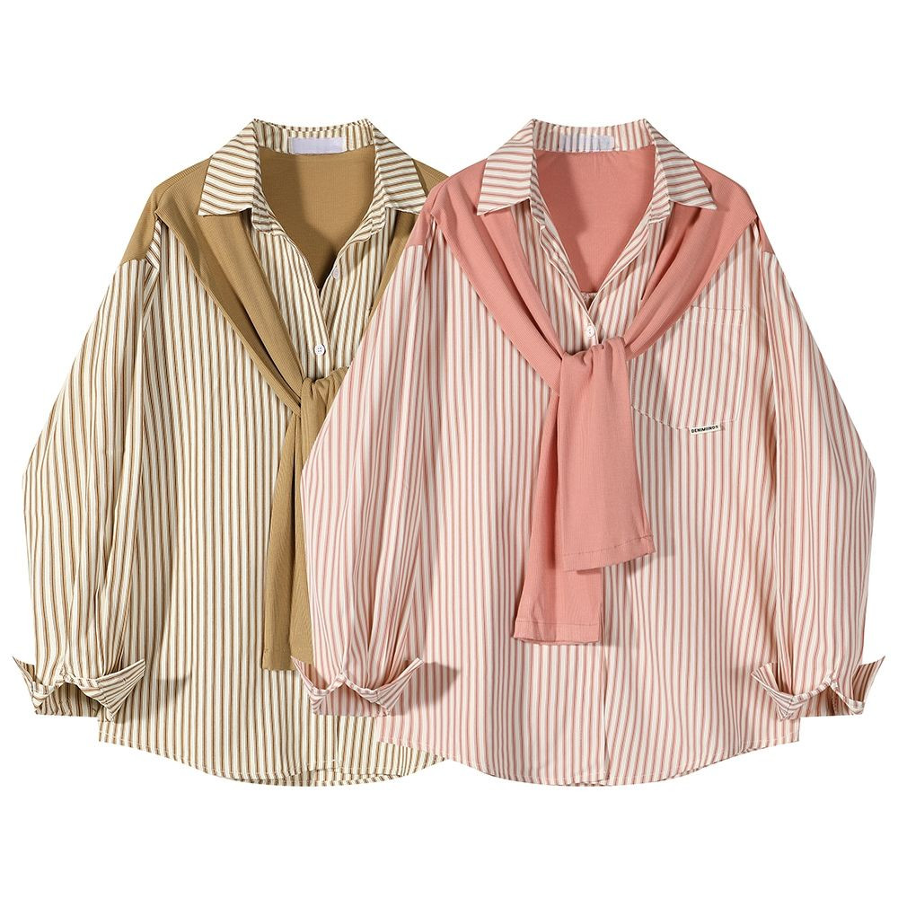 เสื้อเชิ้ตโอเวอร์ไซส์(40-150กก.) เสื้อยืดลายทางสองชิ้นปลอมขนาดบวกดีไซน์ผ้าคลุมไหล่เสื้อแขนยาว