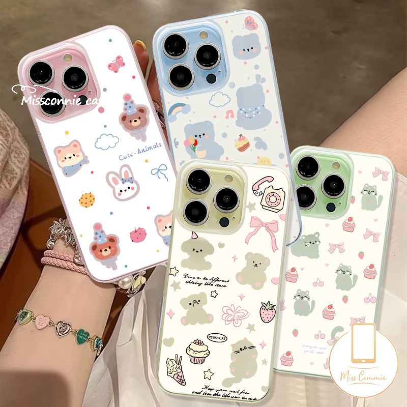 แฟชั่นโบว์สตรอเบอร์รี่ไอศกรีมกระเป๋าเป้สะพายหลังกระต่ายหมีสําหรับiphone 11 13 15 14 12 Pro Max XR 7Plus 6s 7 6 8 Plus X XS Max SE2020 Luxury Large Hole Frosted Soft Case