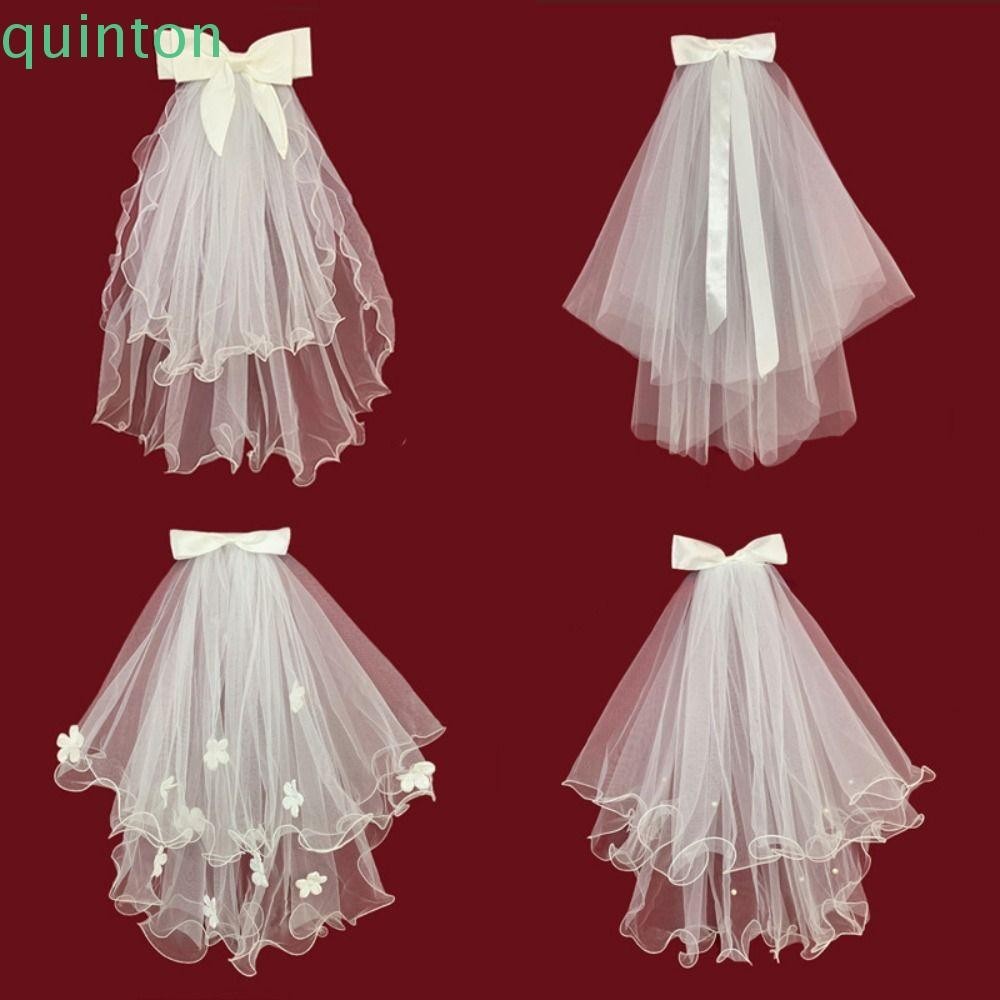 Quinton Marry Veil, Bow Ribbon Bride Veil, Sweet Pearl Flower Double Layer Bride Head Gauze Women