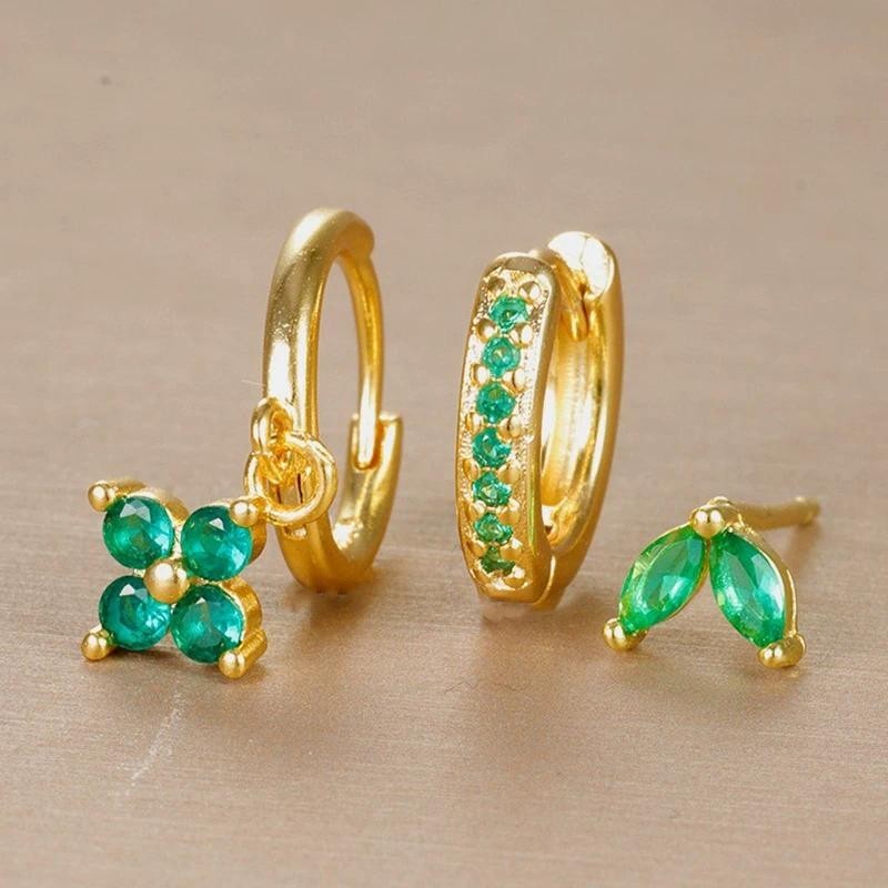 3pcs Gold Plated คริสตัลสีเขียว Zirconia Hoop ต่างหูชุดผู้หญิงเรขาคณิตกระดูกอ่อนเจาะต่างหูแฟชั่นเครื่องประดับ