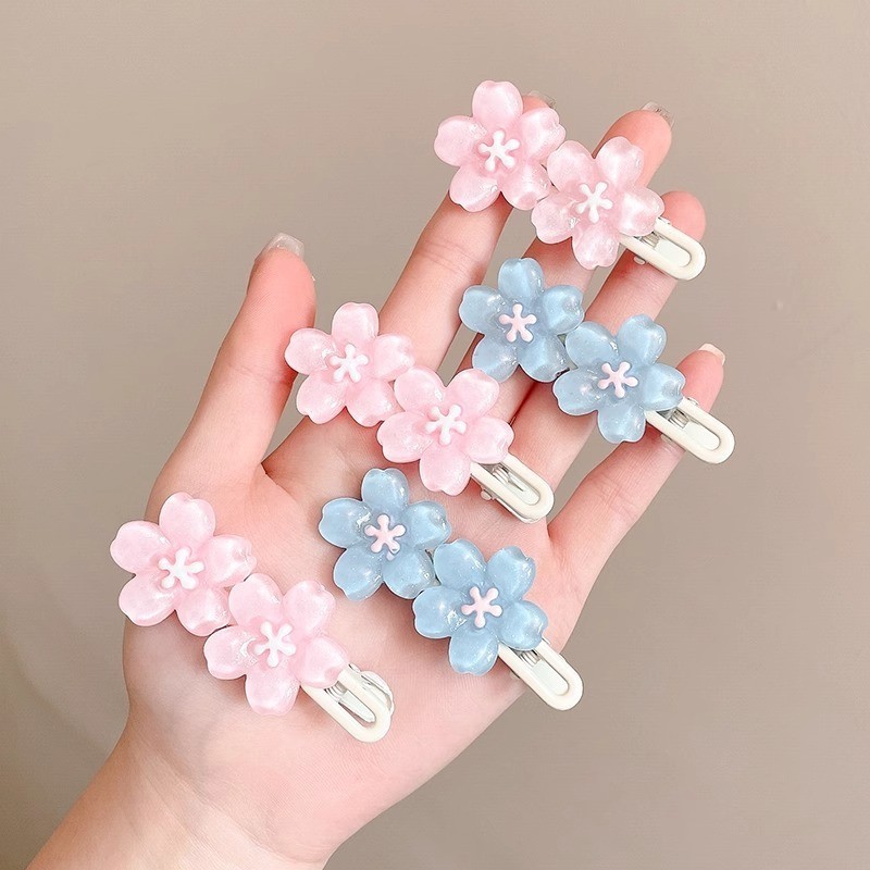กิ๊บติดผมดอกซากุระสีชมพูสีฟ้าผู้หญิงสีเยลลี่ดอกไม้ ใบเรียกเก็บเงินเป็ด คลิปเครื่องประดับผม