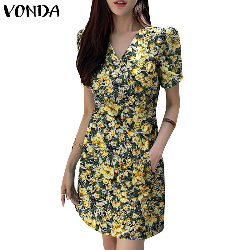 Vonda ชุดเดรสคอวีแขนพัฟจีบลําลองเกาหลีสําหรับผู้หญิง