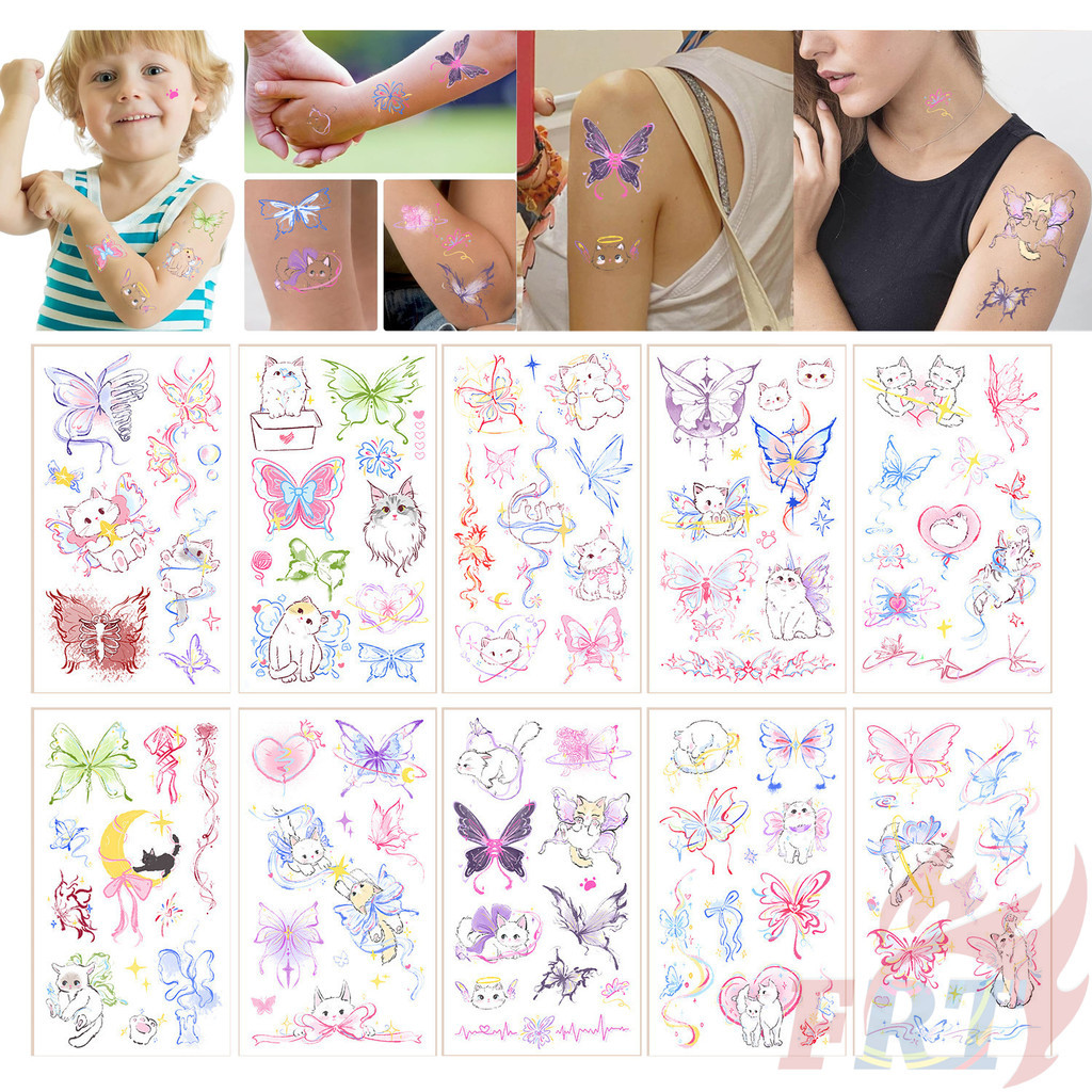 ❀ สติ๊กเกอร์รอยสักชั่วคราว Cat & Butterfly สีขาว ❀ 10แผ่น/ชุดรอยสักกันน้ําสําหรับเซ็กซี่แขนกระดูกไหปลาร้าร่างกายศิลปะมือเท้า