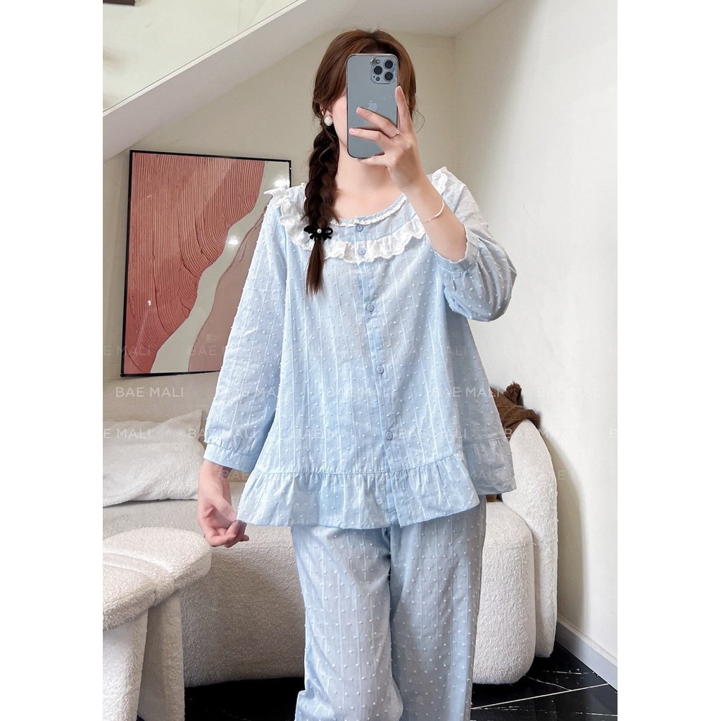 [BAE MALI] ชุดโฮมแวร์ยาวดีไซน์คอปกระบาย SP430 ทําจากผ้าฝ้ายเนื้อนุ่ม ดูดซับเหงื่อ