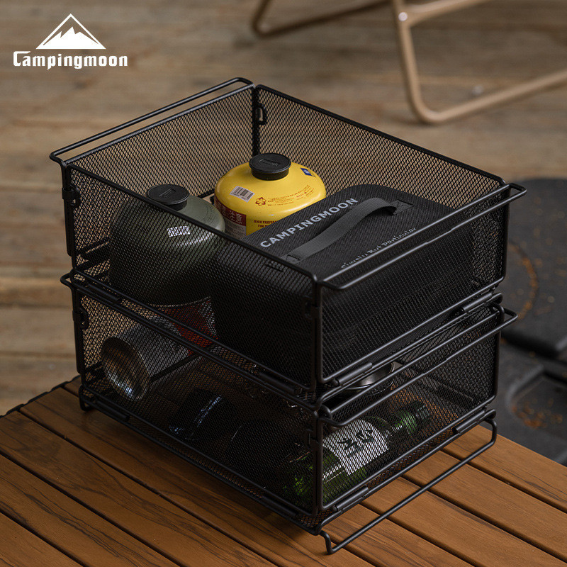 Campingmoon CK-24BK โต๊ะ Igt กลางแจ้งหนึ่งยูนิตรวมตะกร้ากรองน้ำมัลติฟังก์ชั่นเหล็กดัดกรงเก็บของตั้งแคมป์อุปกรณ์ปิกนิกอุปกรณ์ตั้งแคมป์