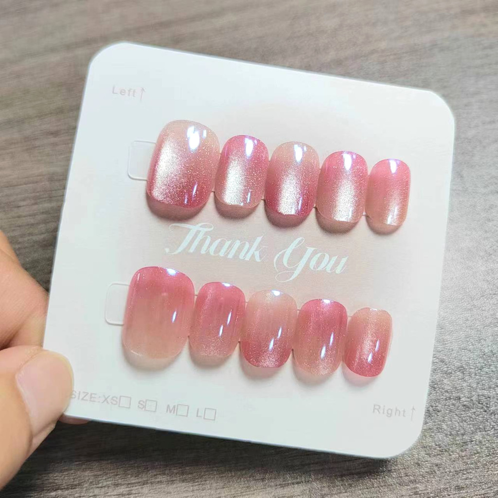 10pcs Cat Eye Handmade กดบนเล็บเล็บปลอมพร้อมสติกเกอร์กาว M124