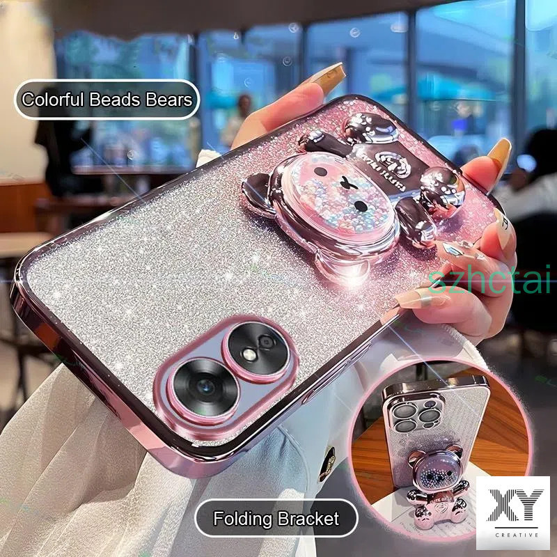 เคสโทรศัพท์ Oppo A60 A17 A38 A18 A98 A17K A58 A78 A77S A77 4G 5G A96 A95 A57 A76 A74 4G 5G 2022 วงเล็บหมุน 360 °เคสโทรศัพท์บรรเทาความเครียดที่มีสีสันลูกปัดหมีขาตั้งพับ เปลือกอ่อน