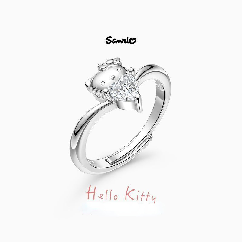 เครื่องประดับ Hello Kitty, คันธนู, ซานริโอ, การ์ตูน, แหวนเพชรรูปหัวใจสําหรับผู้หญิง, แฟชั่น, เกาหลี, ไม่ซ้ําใคร, น่ารัก, ปรับได้, นิ้วชี้, หวาน, สง่างาม, ของขวัญ