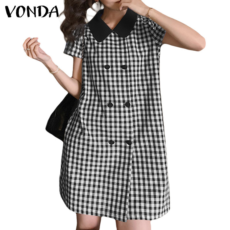 Vonda ผู้หญิงเกาหลีลําลองปกแขนสั้นลายสก๊อตปุ่มหลวมเสื้อ