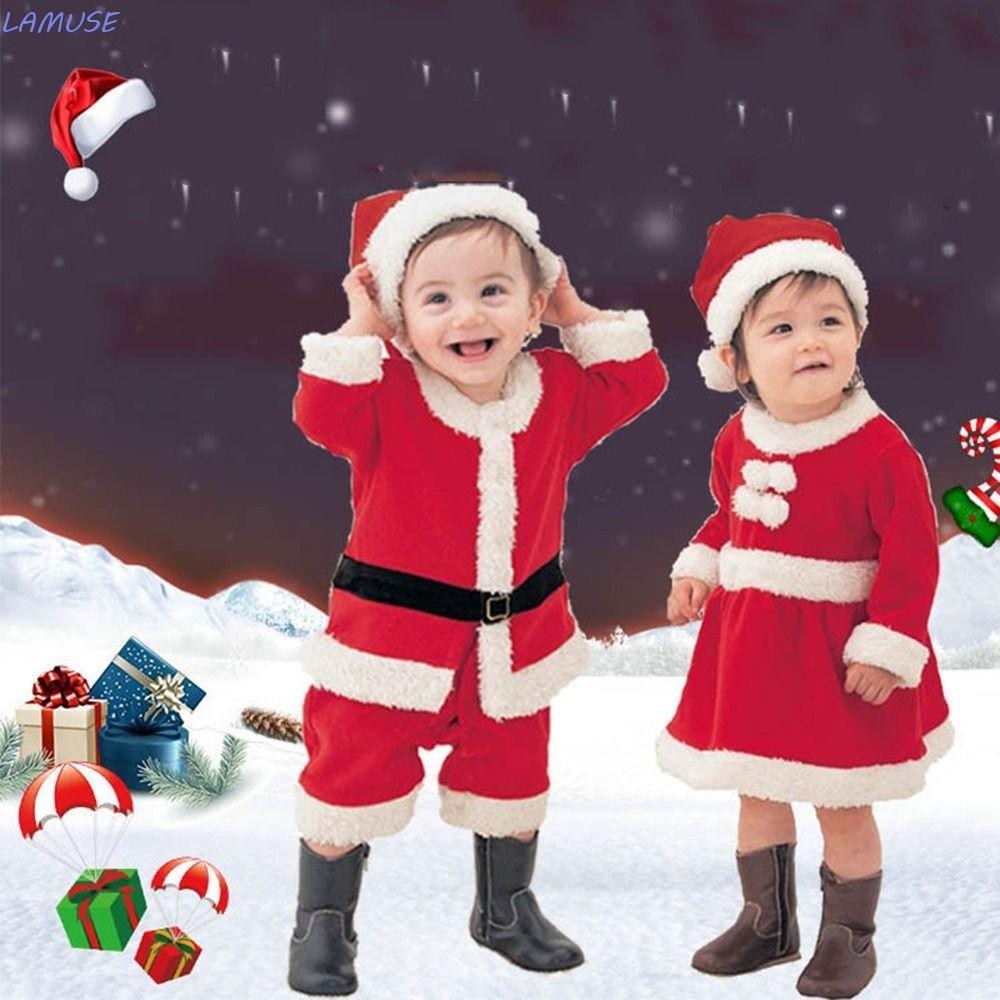 Lamuse Santa Claus เครื่องแต่งกาย Cool ชุดเด็กเครื่องแต่งกาย Party ผ้าอุปกรณ์เสริมเด็กวัยหัดเดินเด็กสีแดง Xmas เสื้อผ้าหมวก