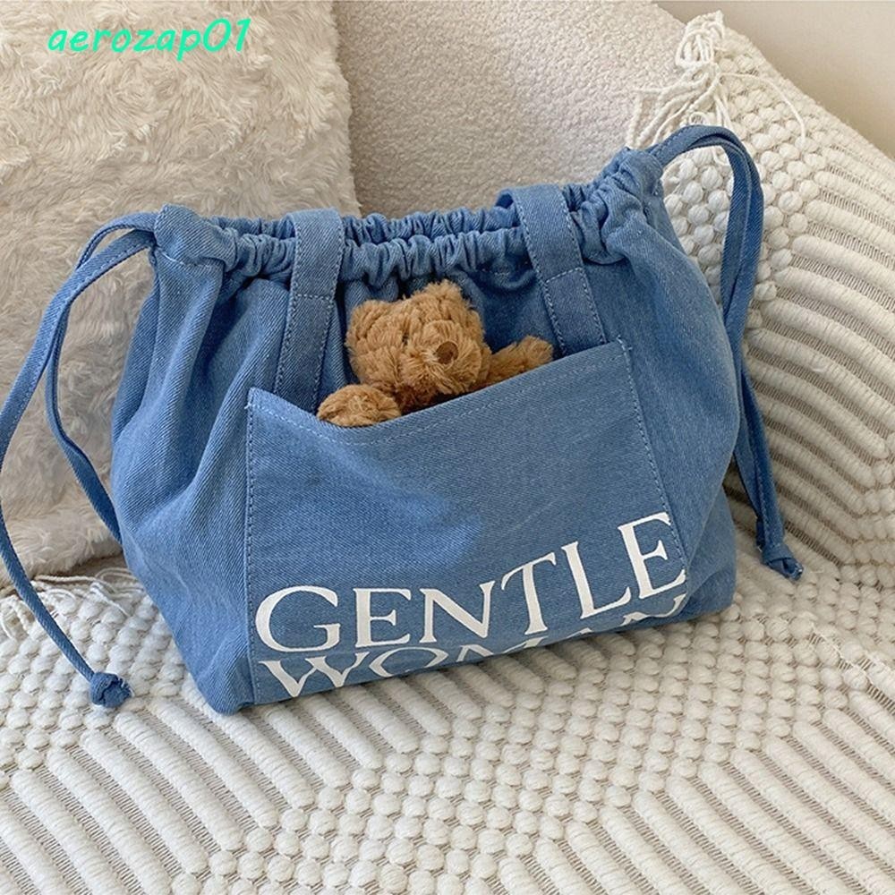 Aerozap Gentlewoman กระเป๋าผ้าแคนวาส, กระเป๋าถือไทยกระเป๋าสะพาย Drawstring, Simple Dumpling Bag กระเป๋าสะพาย Letter Tote Bag Gentle Woman Denim Bag Women