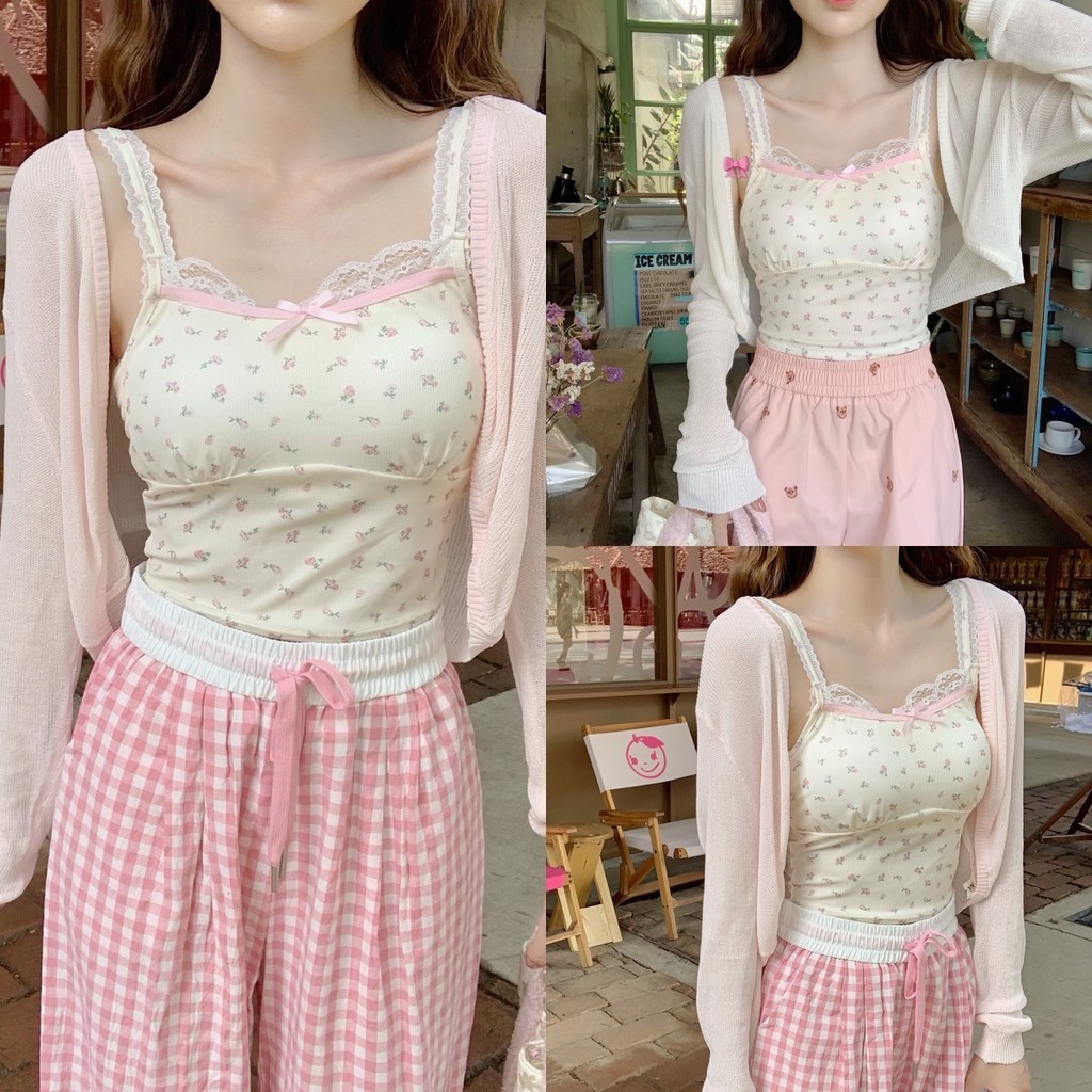 Anne เสื้อสายเดี่ยว มีฟองน้ำ แต่งโบว์ ลูกไม้ ลายดอกไม้ ผ้ายืด เข้ารูป เสื้อกล้าม แฟชั่นฤดูร้อน น่ารักๆ #FY2230