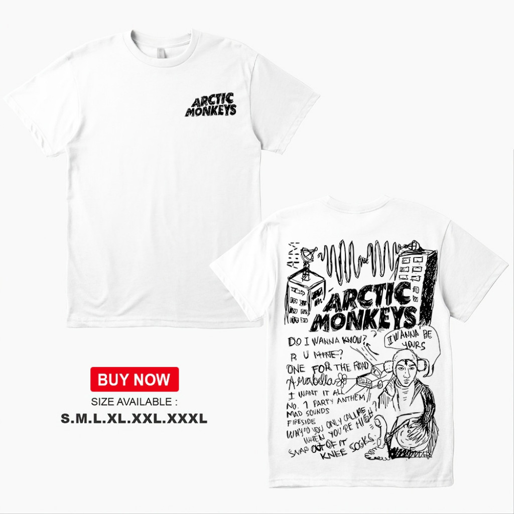 Kaos ARCTIC MONKEYS เสื้อยืด AM ALBUM SONG LIST DOODLE Graphic Tee Unisex Baju T เสื้อ Lelaki ผ้าฝ้าย 100%