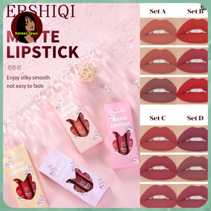 ลิปสติก Lip Ershi Qi เนื้อแมตต์ เซ็ต3ชิ้น เนื้อเนียน สีชัด กันน้ํา ติดทนนาน ไม่ตกร่อง สายฝอ สายเกา lipstick ( BS003 )