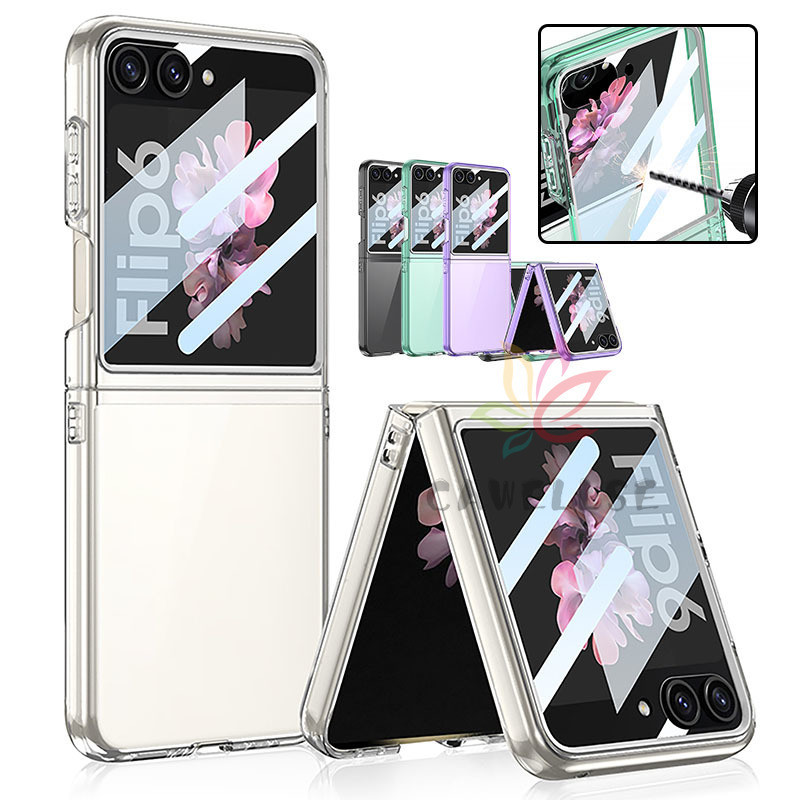 Slim ปลอกโปร่งใส Samsung Galaxy Z Flip 6 Z Flip 5 Tempred ฟิล์มแก้วป้องกันใหม่หน้าจอหน้าต่างขนาดใหญ่พับกลับกรณีฝาครอบ Flip6 Flip5