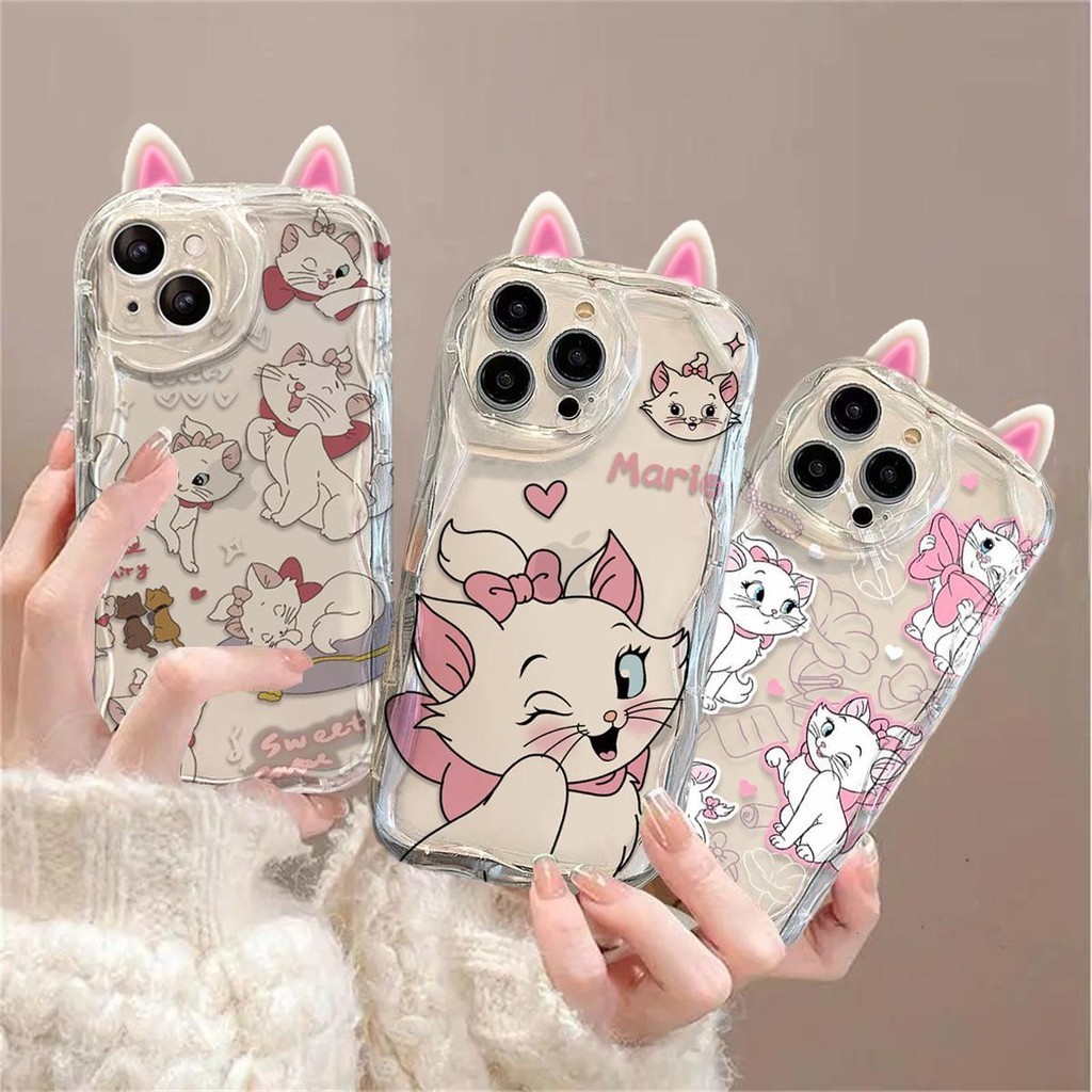 น่ารักการ์ตูนดิสนีย์ 3D หู Mary Cat สําหรับ Vivo V30 V27 V23 V25 Pro V30E V29E V27E V23E V21E ซิลิโคน Wave ด้านข้างนุ่มเคสโทรศัพท์ใส