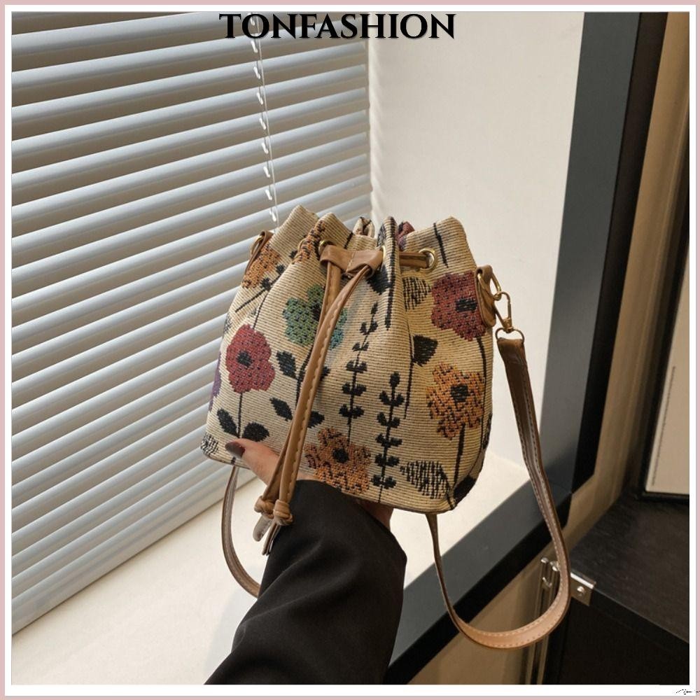 Tonfashion กระเป๋าสะพายไหล่ ผ้าลินิน สไตล์ชาติพันธุ์ กระเป๋าทรงถัง, กระเป๋าสะพายข้างลายดอกไม้ผู้หญิง