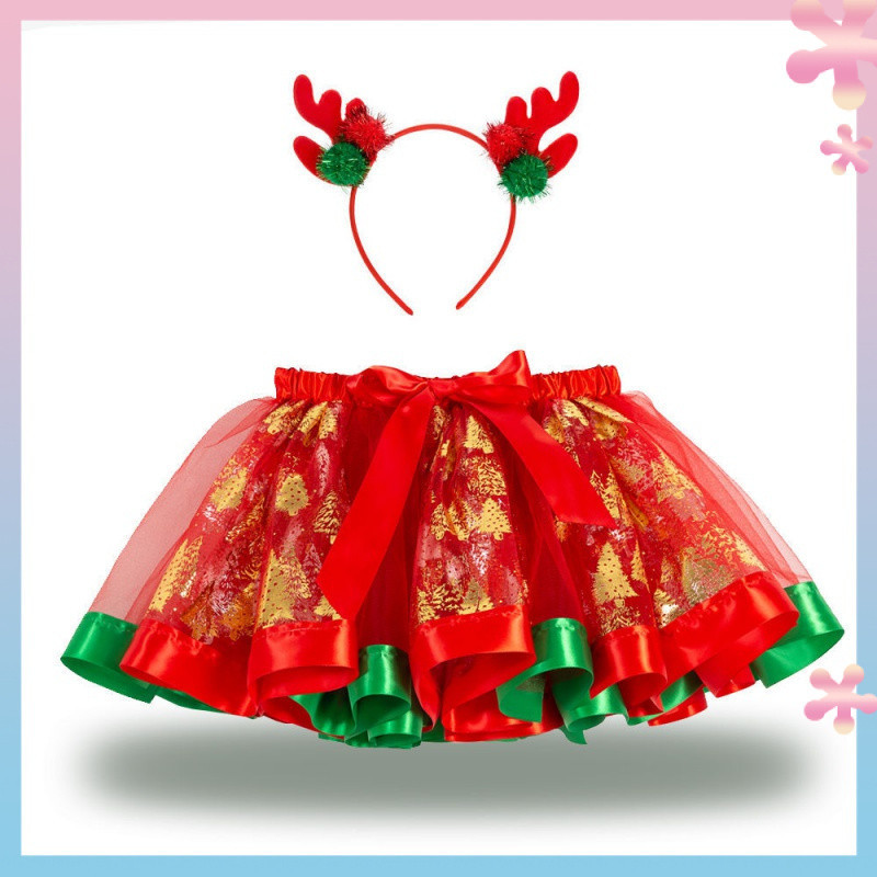 Christmas Children's Clothing Printing Children's Short SkirtstutuSkirt Girls Performing Pettiskirt Get Antlers Headband Free
