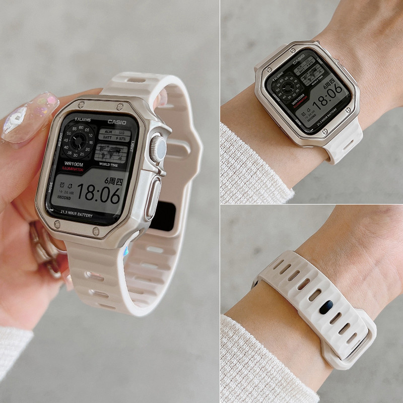สายซิลิโคนหรูหราพร้อมเคสป้องกัน สำหรับ Apple Watch Series 11 10 9 8 7 6 5 4 3 SE Ultra 2 3 ขนาด 38 40 41 42 44 45 46 49 มม. อุปกรณ์นาฬิกา – โปรปัง