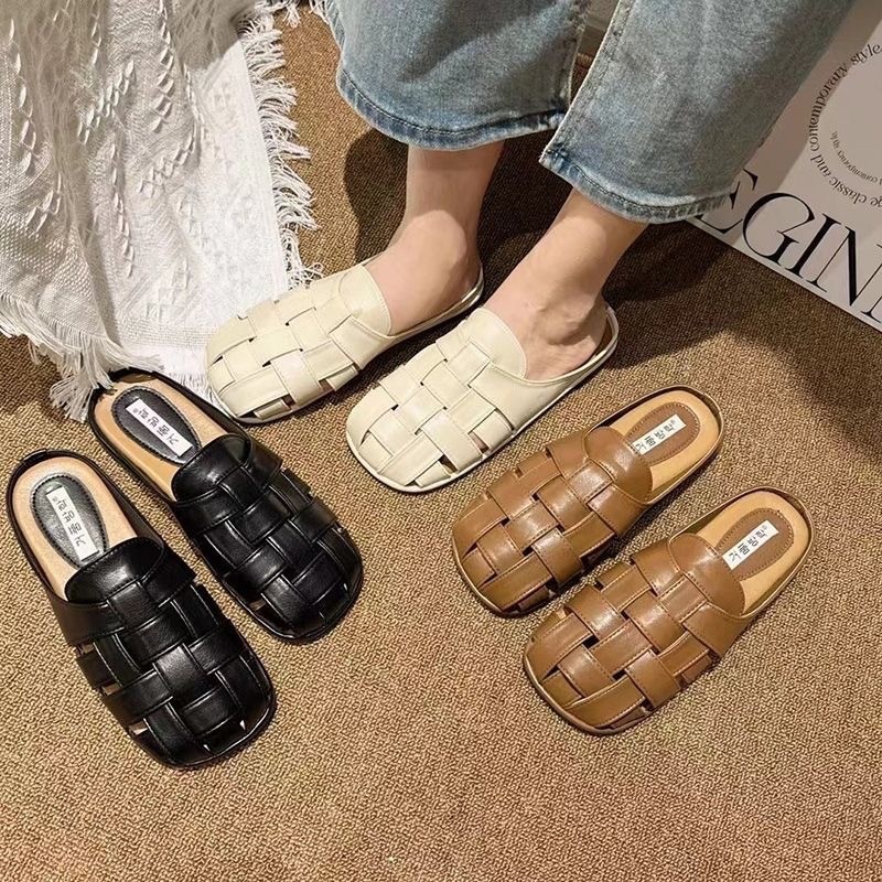 พร้อมส่ง รองเท้าแตะหัวโตผู้หญิง แฟชั่น ส้นแบน สไตล์ฝรั่งเศส พื้นนุ่ม ลำลอง ใส่ออกไปข้างนอก แบบสวม slide กันลื่น A-034