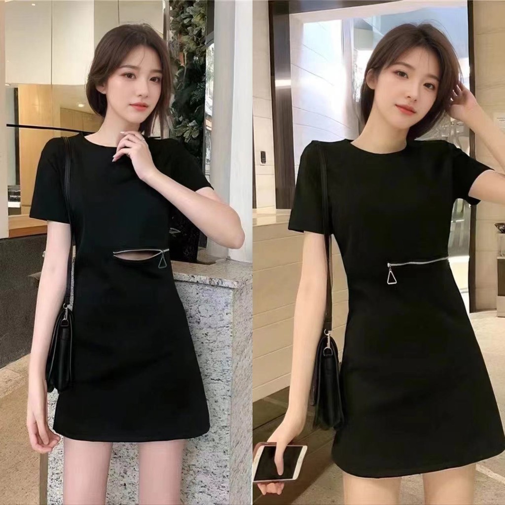 ชุดเดรสแขนสั้นคอกลมสีดำ ดีไซน์เกาหลีเรียบหรู สวมใส่สบาย มินิเดรสพร้อมซิปรูดที่เอว เหมาะสำหรับสาวๆ ที่ต้องการลุคโดดเด่น