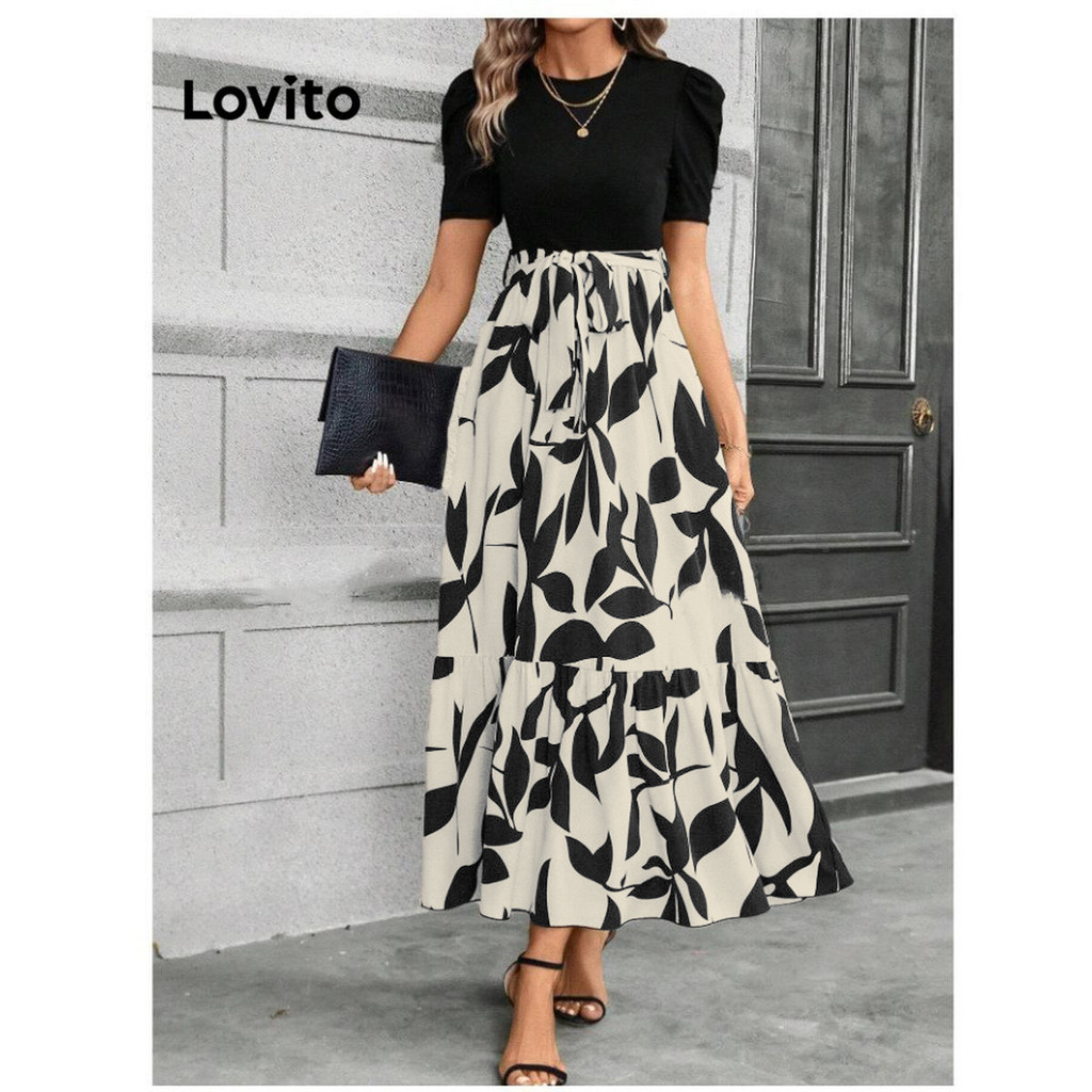 Lovito ชุดเดรสผู้หญิง บล็อกสี พิมพ์ลายดอกไม้ สไตล์ลำลอง LNL61039